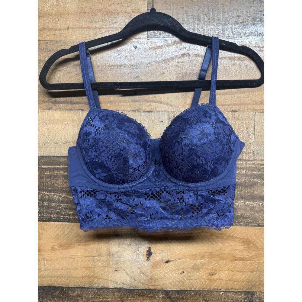 Adored by Adore Me Navy Blue Lace Longline Underwire Bra 34D Floral Mesh Back - Picture 1 of 6